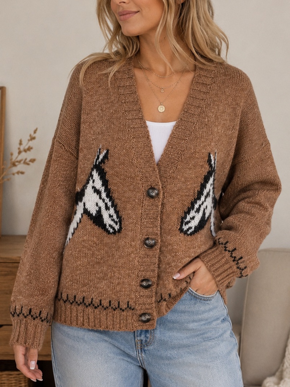 Old Navy Size M Brown Equestrian Horse Fuzzy Oversized Animal Cardigan Sweater